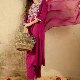 HERE&NOW Women Ethnic Motifs Embroidered Regular Mirror Work Chanderi Silk Kurta with Trousers & With Dupatta image 2