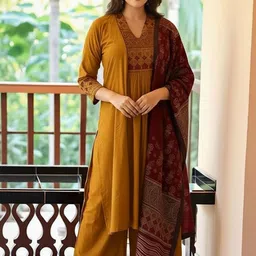 Anni Designer Ethnic Motifs Yoke Design V-Neck Straight Kurta With Trousers & Dupatta image 3