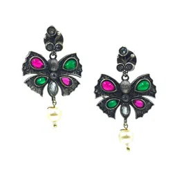 NILA Silver-Plated Stones Studded & Pearls Beaded Animal Shaped Oxidised Drop Earrings-picture-19