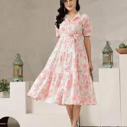 PALSIYA PRESENTS Floral Printed Shirt Collar Tiered Cotton Fit and Flare Dress-picture-18