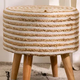THREADVIBE LIVING Cream-Colored & White Wooden & Velvet Round Ottoman-image-25