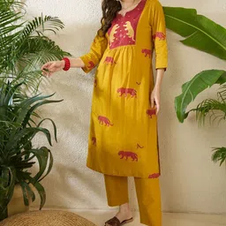 Indo Era Women Animal Printed Tiered Thread Work Pure Cotton Kurta with Trousers-image-23