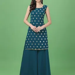 PARROT CREATION Women Embroidered Regular Sequinned Kurti with Palazzos & With Dupatta-picture-10