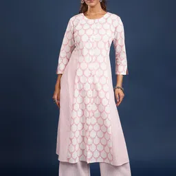 Taavi Women Geometric Hand Block Printed Pure Cotton A-Line Kurta & Trousers-image-52