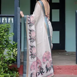 ALMAARI FASHION Ethnic Motifs Printed Pure Linen Handloom Banarasi Saree image 4