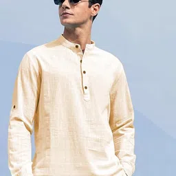 AMRIT TOP WEAR Mandarin Collar Roll-Up Sleeves Cotton Straight Short Kurta image 5