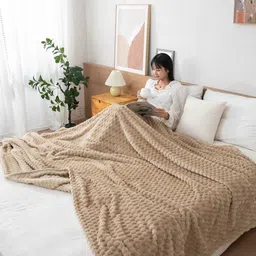 HOKIPO Beige Fleece 210 GSM Double Bed Blanket-picture-16