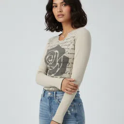 glitchez Typography Printed Top with Floral Print Detail-image-71