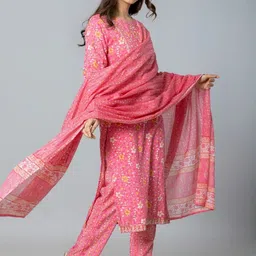 YUVVIK Floral Printed Mirror Work Kurta With Trousers & Dupatta image 4