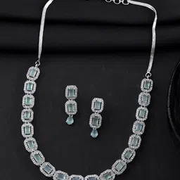 VOJ Silver-Plated American Diamond Studded Rectangular Shaped Jewellery Set-picture-23