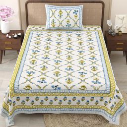 Shubastik Off White & Mustard Floral 210 TC Pure Cotton Single Bedsheet &1 Pillow Cover-picture-36