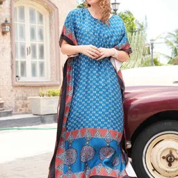 GOLDSTROMS Women Floral Printed Round Neck Maxi Kaftan Nightdress-picture-31