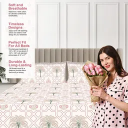 Sleepsia White & Rose Ethnic Motifs 180 TC Queen Bedsheet with 2 Pillow Covers image 2