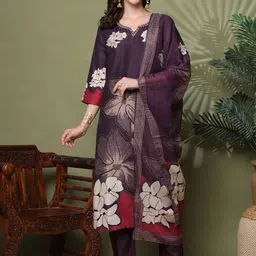 HARIKS Women Floral Printed Regular Thread Work Kurta with Trousers & With Dupatta-image-88