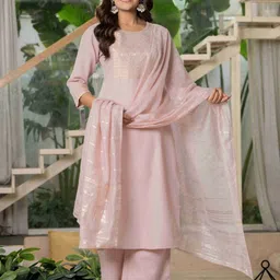 Meeranshi Women Ethnic Motifs Regular Linen Kurta with Palazzos & With Dupatta image 3