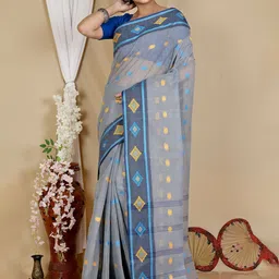 PuJoy Geometric Woven Design Pure Cotton Taant Saree-picture-16
