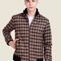 Leather Retail Men Mock Collar Checked Lightweight Tailored Jacket-picture-34