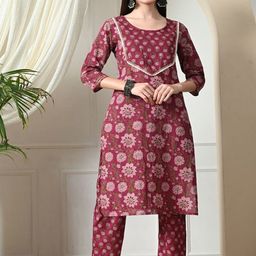 Sangria Women Floral Printed Regular Thread Work Pure Cotton Kurta with Trousers-picture-46