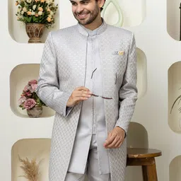 Dulha Ghar Embroidered Thread Work Mandarin Collar Pure Silk Kurta With Pyjamas And Jacket image 5