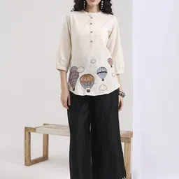 ARAVALII Women Graphic Printed Embroidered Mandarin Collar Cotton Shirt Style Top-image-19