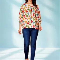 KHANJAN FASHION Print Tie-Up Neck Crepe Top-image-2