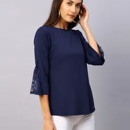selvia Casual Regular Sleeves Self Design, Embellished, Laser Cut, Solid, Lace Women Dark Blue Top image 3