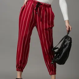 SHOWOFF Women Magenta Striped Joggers Trousers-image-66