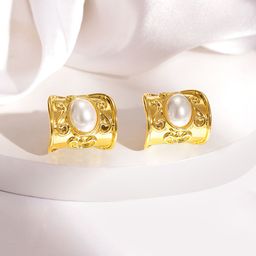 Rubans 18K Gold Plated Pearl Studded Half Hoop Earrings With Intricate Scroll Design-picture-1