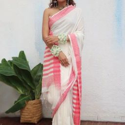 Chidiyaa White Uma Chitra Handwoven Linen Cotton Jamdani Saree-picture-33