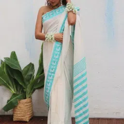 Chidiyaa White Uma Sadhana Handwoven Linen Cotton Jamdani Saree-picture-27