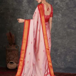 Satrani Light Pink & Red Silk Woven Saree With Unstitched Blouse image 3