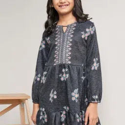Global Desi Girl Kids Grey Floral Print Full Sleeves Dress-picture-17
