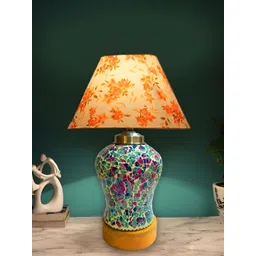 Aura White & Orange Floral Printed Frustum Shape Glass & Wooden Table Lamp image 4