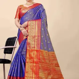 SHUBHKALA Blue Silk Woven Saree With Unstitched Blouse-image-2