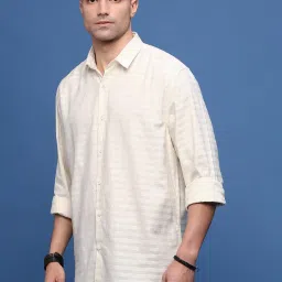 showoffff Showoff Cream Cotton Slim Fit Striped Shirt image 3