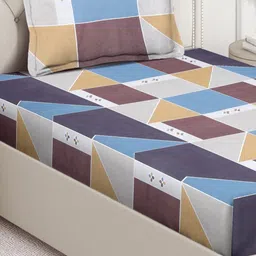 Arrabi Blue & White Geometric 350 TC Single Bedsheet with 1 Pillow Covers image 5