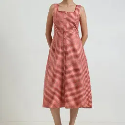 Fablestreet Rust Cotton Flared Fit Checked Dress image 3