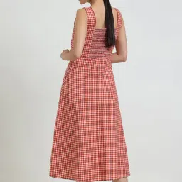 Fablestreet Rust Cotton Flared Fit Checked Dress image 2