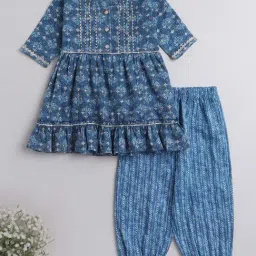 The Magic Wand Kids Blue Cotton Floral Print Kurta Set-image-97