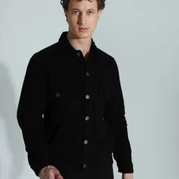 High Star Black Cotton Regular Fit Denim Jacket-image-5