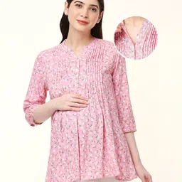 Bella Mama Three Fourth Sleeves Viscose Floral Print Maternity Top - Pink-image-34