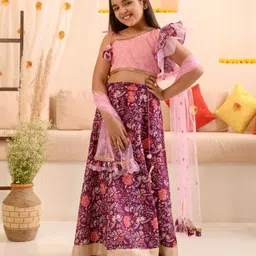 Pspeaches Cap Frill Sleeves Floral Printed Lace Detailed Lehenga Choli With Dupatta - Purple-picture-20