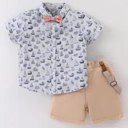 ToffyHouse 100% Cotton Knit Half Sleeves Boat Printed Shirt & Shorts Set with Bow & Suspender - Biege-picture-31