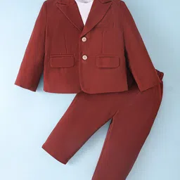Kookie Kids Full Sleeves Solid Color T-Shirt & Trouser Set with Blazer - Maroon image 1