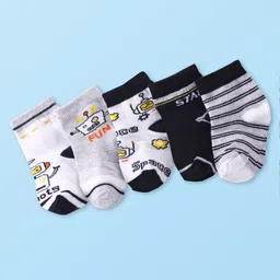 Doodle Poodle Cotton Knit Ankle Length Striped & Text Designed Socks Pack of 5 - White & Black-picture-28