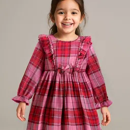 Babyhug Woven Full Sleeves Checkered Frock with Bow Applique & Frill Detailing - Red-picture-17
