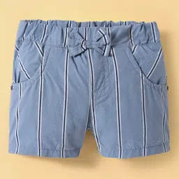 Olio Kids Cotton Knit Above Knee Length Striped Shorts With Bow Applique - Light Blue-picture-27