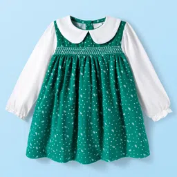 Babyhug Corduroy Knit Full Sleeves Frock with Peter Pan Collar Smock Detailing Polka Dot & Leave Print - Mint & White-picture-22