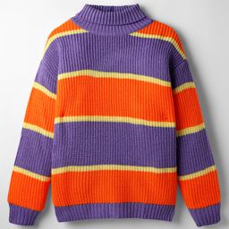 Pine Kids Knit Full Drop Shoulder Sleeves Turtle Neck Pullover Sweater with Color Block Design - Purple & Orange-picture-4