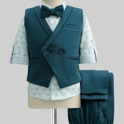 Robo Fry Cotton Woven Full Sleeves Printed 3 Piece Party Suit With Bow - Blue-picture-11